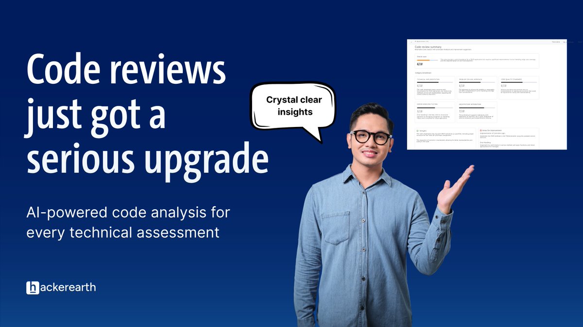 HackerEarth's tweet image. NEW on HackerEarth: Auto code review now available for full stack assessments
✅ 0-10 quality score
✅ Category breakdowns
✅ Strengths &amp;amp; gaps analysis
✅ Line-by-line suggestions
Built into reports &amp;amp; PDFs. Zero extra work for you
#TechHiring #HackerEarth #FullStackCodeReview