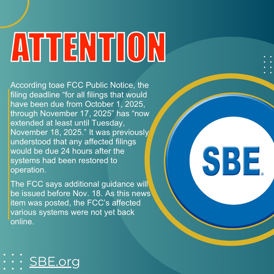SBEorg's tweet image. Update- Info at: sbe.org/fcc-reprieve-f…

#BroadcastEngineering
#BroadcastTech
#Broadcasting
#RadioTech
#TVTech