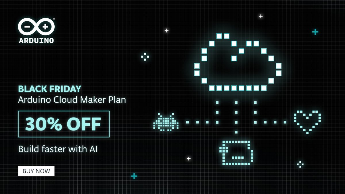 arduino's tweet image. This is your sign to save on some of our most popular products and connect them to the Arduino Cloud!

Accelerate your next journey to build, control, and monitor your IoT projects. Now even faster with the AI Assistant!

Get 30% off the Maker Plan: store.arduino.cc/pages/black-fr…