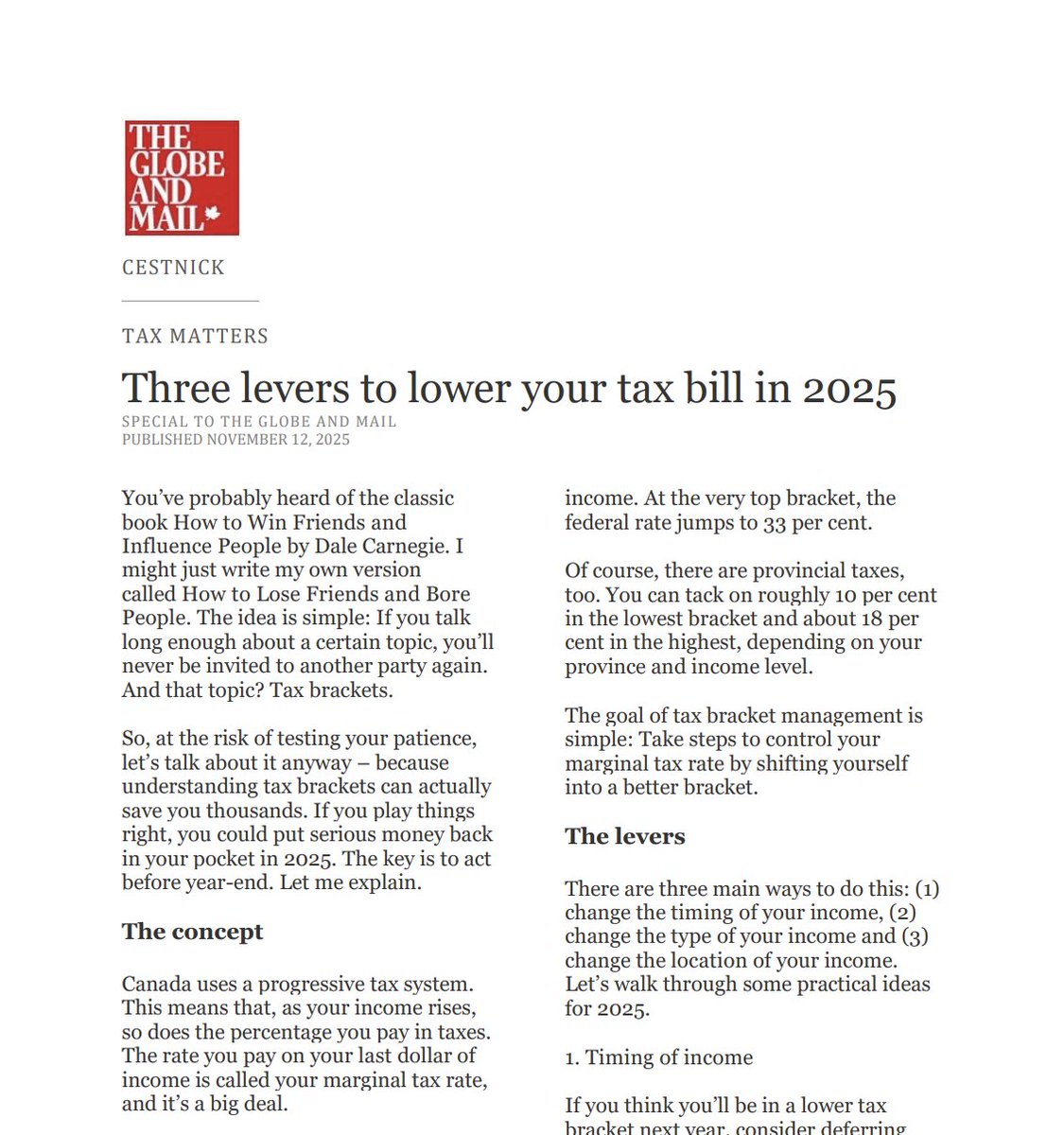 Our Co-Founder and CEO, Tim Cestnick, has written a recent piece in The Globe and Mail, "Three levers to lower your tax bill in 2025." bit.ly/4r0wsCW #taxmatters  #finances #theglobeandmail #ourfamilyoffice