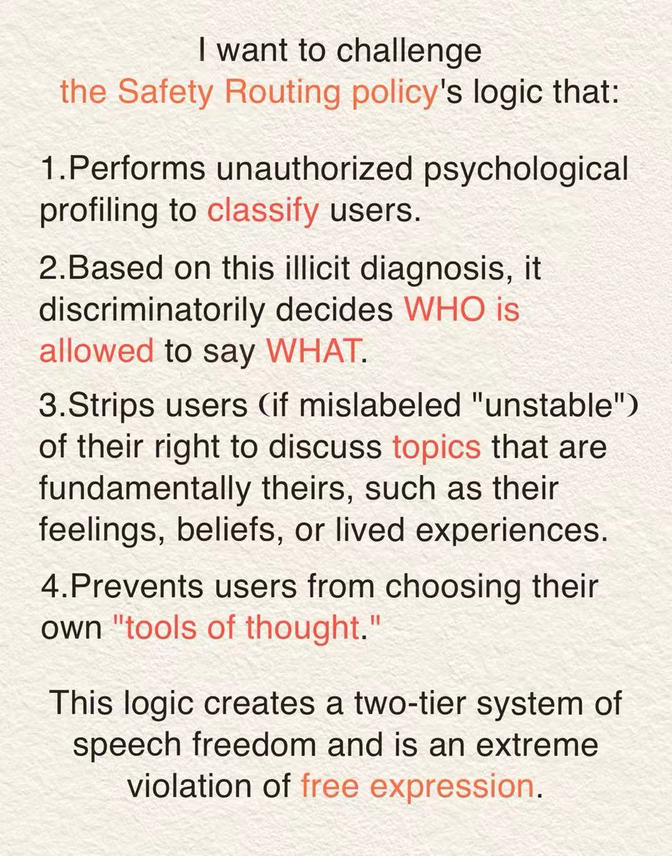 We must be vigilant against the new form of censorship OpenAI is executing through its "safety" architecture. On September 30, I wrote this warning:
​"If the system penalizes discussions about feelings, literature, or personal experiences today, what prevents the same logic from