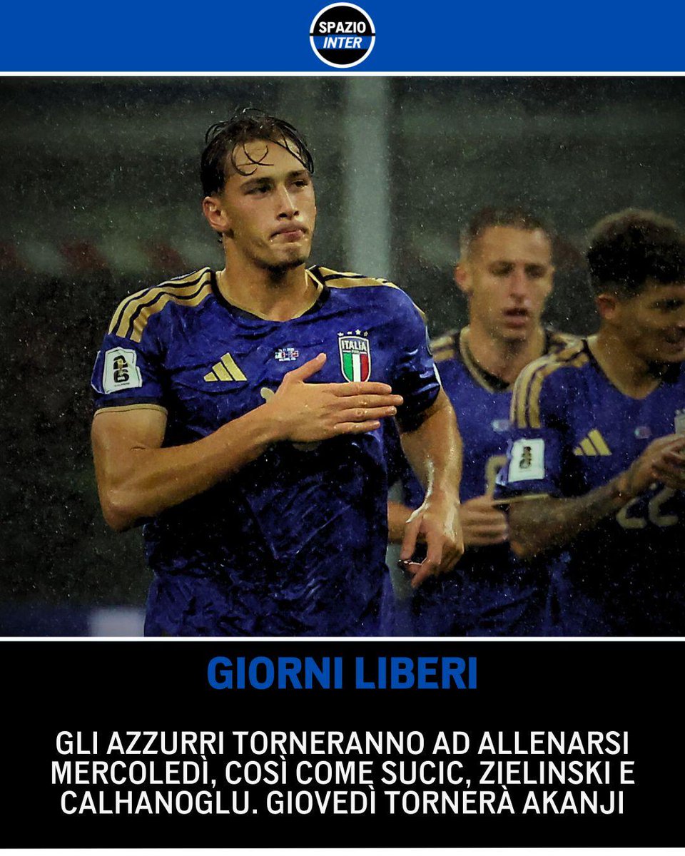 SpazioInter's tweet image. L&apos;Inter torna ad allenarsi martedì in vista del derby contro il Milan💪

Chivu risparmia gli italiani che hanno giocato con la Nazionale: avranno un paio di giorni di riposo in più, secondo quanto riportato da Sky Sport 🪫

L&apos;ultimo a tornare sarà Akanji 🔙

#Inter #SpazioInter