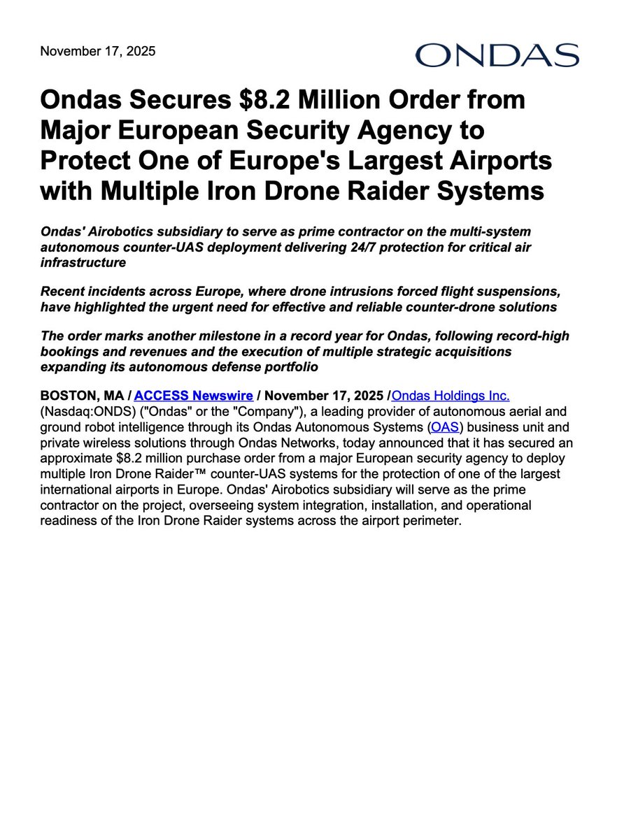 ive_m5's tweet image. $ONDS
Ondas Secures $8.2 Million Order from Major European Security Agency to Protect One of Europe’s Largest Airports with Multiple Iron Drone Raider Systems

⚡️Ondas’ Airobotics subsidiary to serve as prime contractor on the multi-system autonomous counter-UAS deployment…