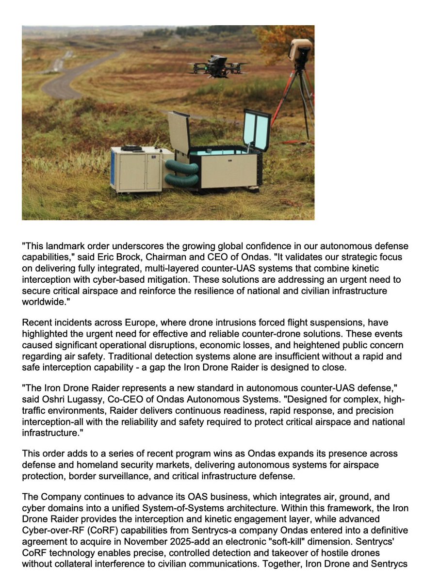 ive_m5's tweet image. $ONDS
Ondas Secures $8.2 Million Order from Major European Security Agency to Protect One of Europe’s Largest Airports with Multiple Iron Drone Raider Systems

⚡️Ondas’ Airobotics subsidiary to serve as prime contractor on the multi-system autonomous counter-UAS deployment…