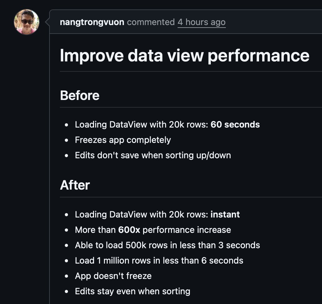 TablePlus's tweet image. A very good PR for TablePlus Linux. It now loads data 600x faster! 😍

👉Update to build 272 now!
