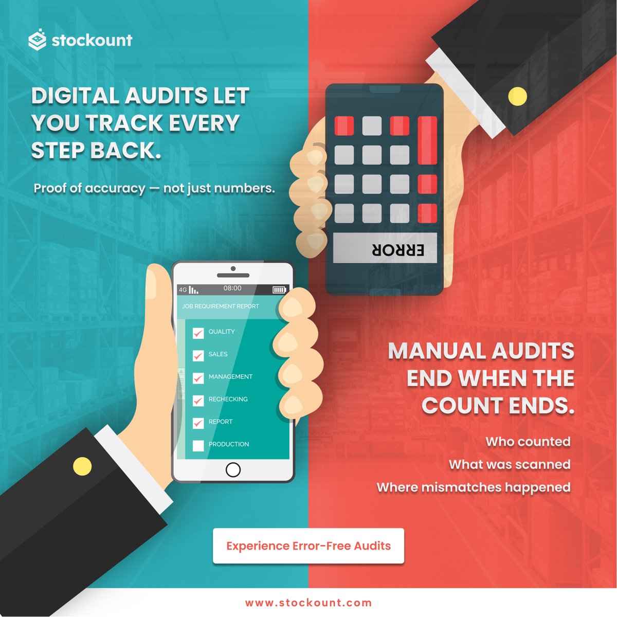 stockount's tweet image. Manual audits stop at the final count.
Digital audits show you everything behind it — who counted, what was scanned, where mismatches happened.
Try it FREE 👉 stockount.com

#InventoryAudit #DigitalAudits #AuditAutomation
#InventoryControl #StockAccuracy #WarehouseOps