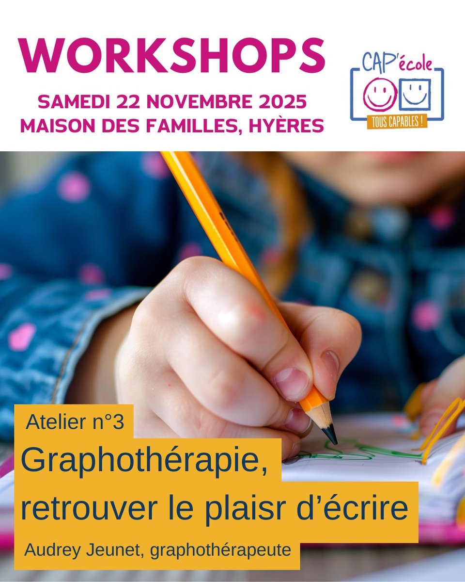 Redonner confiance aux enfants pour qui l'écriture est un défi, samedi 22/11 à Hyères
👉Inscription gratuite, places limitées : forms.gle/ZkkLW7acDtDS2t…

#Graphothérapie #HandicapInvisible #BesoinsÉducatifsParticuliers #TND #Workshops #AESH #écoleinclusive #handicap #var #hyères
