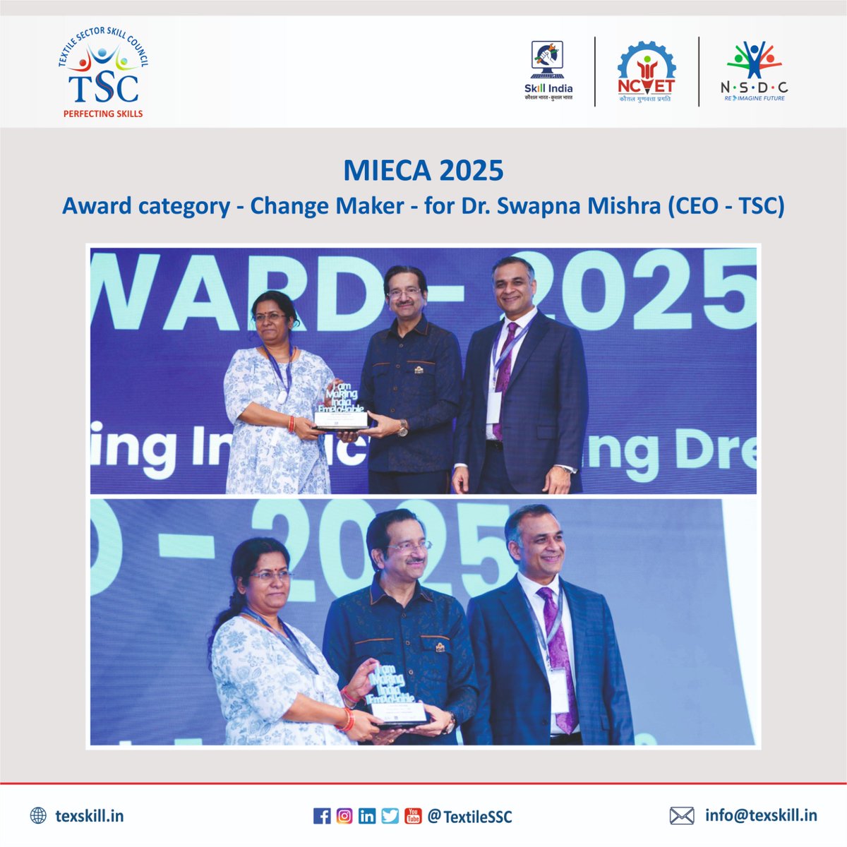 TextileSSC's tweet image. 🌟 Proud Moment for Textile Sector Skill Council! 🌟

We are delighted to share that our CEO, Dr. Swapna Mishra has been honored with “The Change Maker Award (Individual)” at the prestigious event organized by MICA in Mumbai on 7th November 2025.

#ChangeMakerAward #Leadership