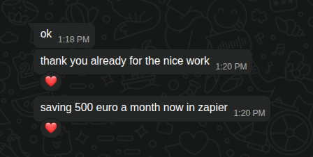 jinnatul_md's tweet image. Just migrated 100+ @zapier workflows to a self-hosted @n8n_io setup and helped my client save €500/month (€6k/year) 🤯

Same automation power. 10x cheaper.

Love helping businesses scale smarter. 🚀

#automation #n8n #zapier #nocode