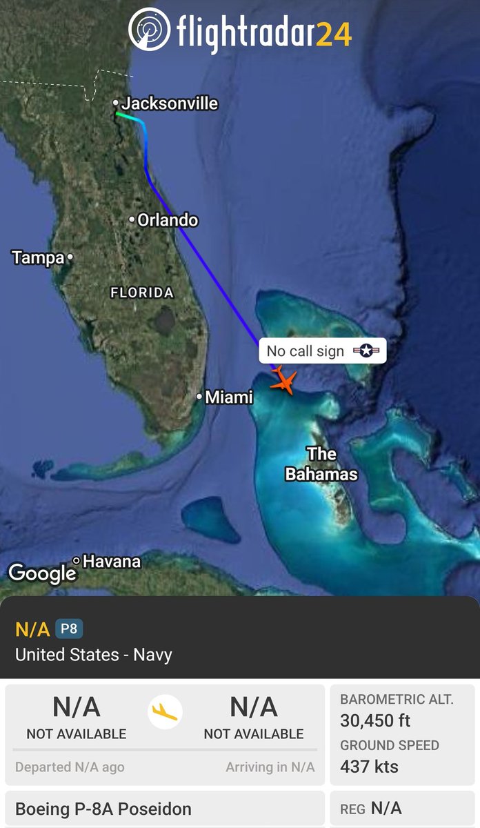 sipjack1776's tweet photo. P-8A
#AE67C2
Tracking SE over The Bahamas out of Jacksonville.
@Borrowed7Time @N214WN @Mas_Arr3ch0 @LatAmMilMVMTs @SA_Defensa https://t.co/c52wZ8ehMi