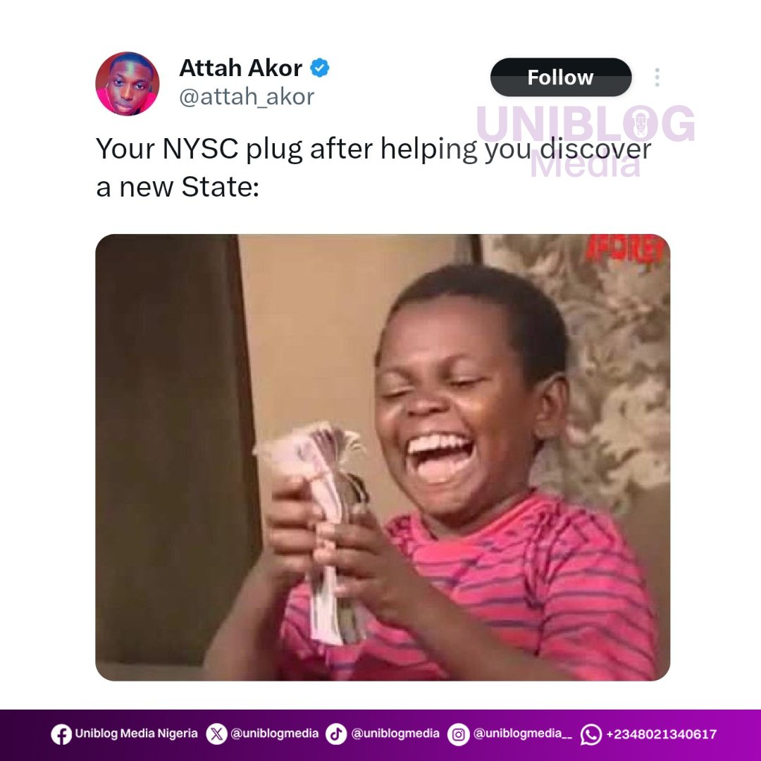 Uniblogmedia's tweet photo. These NYSC memes are just plain hilarious 😂😂
Prospective corpers in the house, share your state of deployment in the comments so you meet other PCMs in your state.
Don't forget to share your favourite slide 😉
#Uniblog #Uniblogmedia #nysc #nyscdiary #clarioncall https://t.co/3LVuLprmom