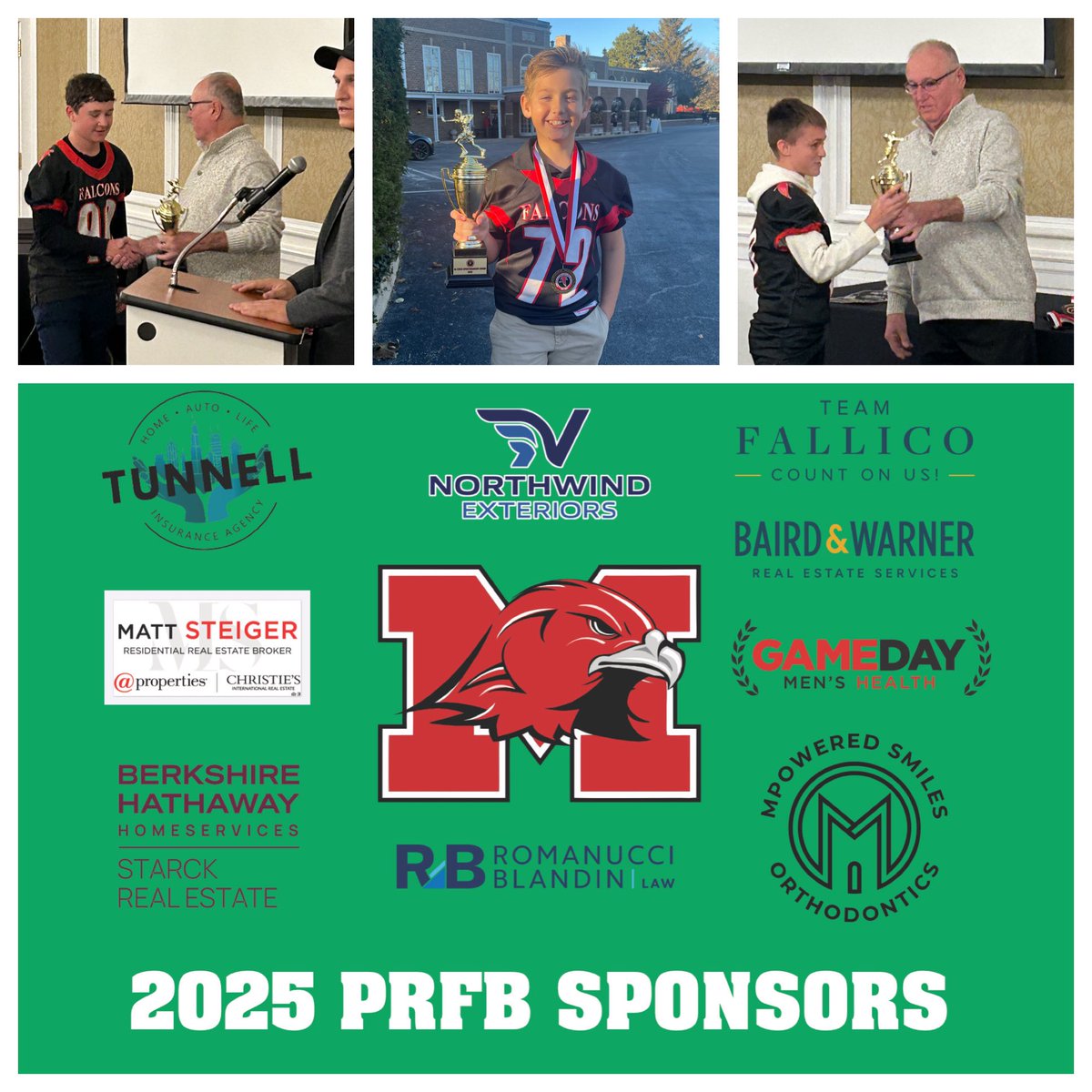 ParkFalcons's tweet photo. At our Falcons annual banquet last night, we were proud to have Al Czech on hand to help present some of the 12 Falcons team recipients our #PRFB Al Czech Sportsmanship trophy.
Congrats to the teams who played in our BGYFL playoffs, & thank you to all of the sponsors. https://t.co/nHPJ9pPUE7
