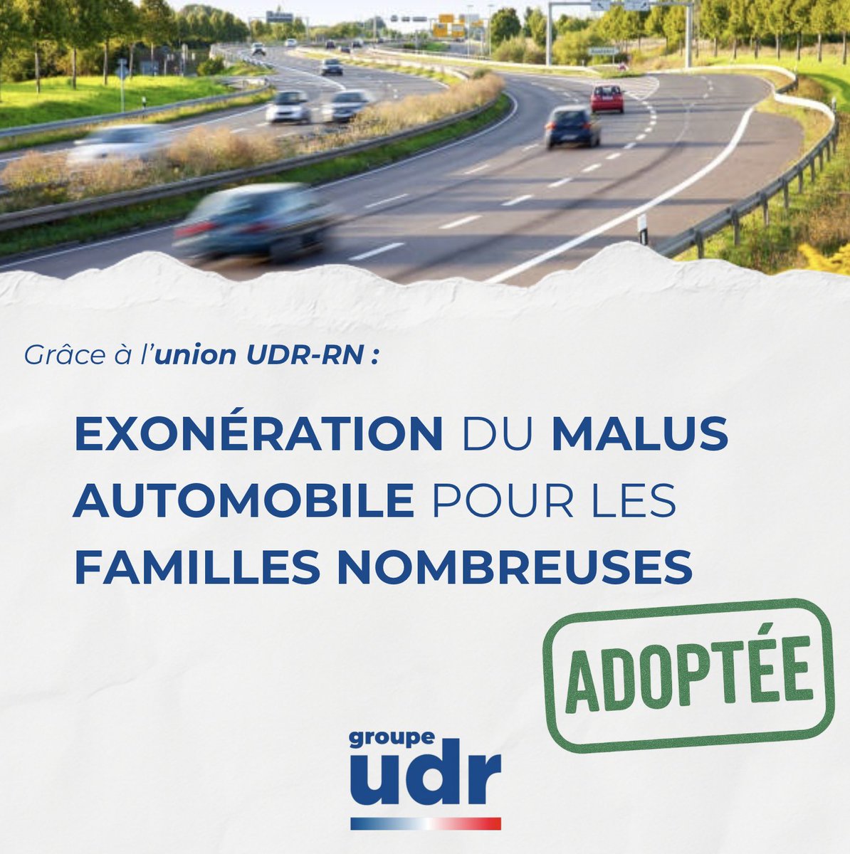🟢Grâce à un amendement porté par nos alliés du <a href="/groupeRN_off/">Groupe Rassemblement National</a>, et soutenu par les députés UDR, nous avons adopté l’exonération du malus automobile pour les familles nombreuses.

Une politique nécessaire pour soutenir nos familles et combattre l’écologie punitive du gouvernement.