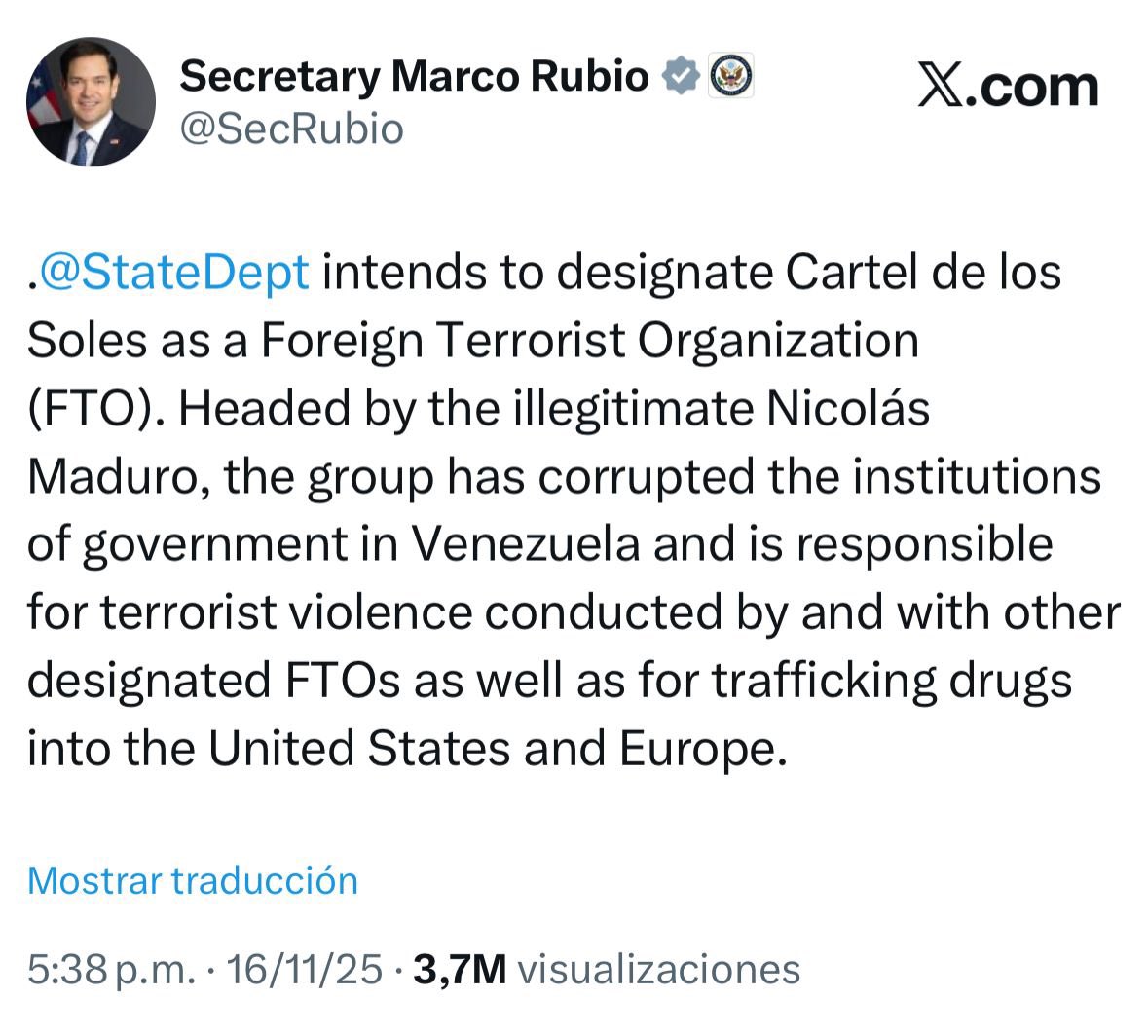 MariaFdaCabal's tweet photo. Un paso más para cercar al narco dictador Nicolás Maduro y su banda el Cartel de los soles. 

Si en Venezuela cae la dictadura en Colombia lograremos la Paz. https://t.co/KKBnidGoRw