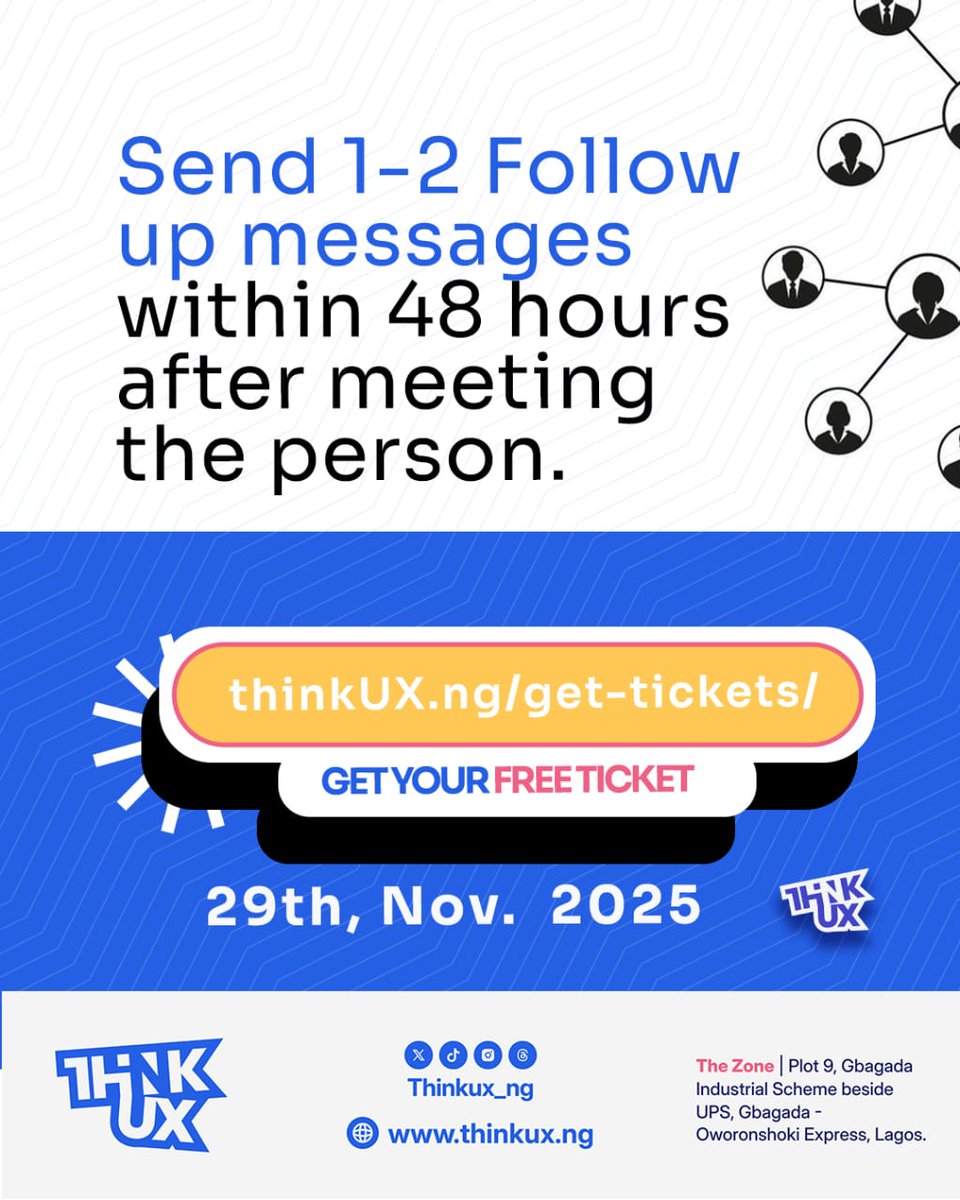 thinkUX_ng's tweet image. That designer, mentor, founder, or client you’ve been eyeing online?
They might be standing right next to you at #ThinkUX!

Swipe for some quick networking tips.😋

Tickets are still FREE and available at thinkux.ng/get-tickets.

Tag a friend and say &quot;See you at #ThinkUX&quot;