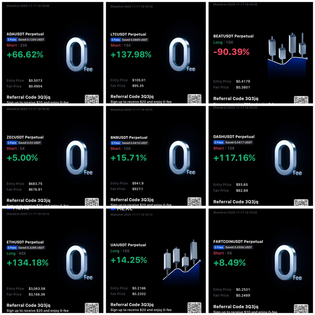 XyvoraAI's tweet photo. Sharing all my current MEXC positions again. Full transparency.
Risk management is everything. I always ladder, never go all in, never only long and never only short.
Multiple limit orders are set to protect positions against liquidation and some shorts are used to fill longs and vice versa. This strategy reduces liquidation risk massively.

My open positions right now:

$BTC, short 40x leverage, entry 104763

$FARTCOIN, short 5x leverage, entry 0.2508

$UAI, long 10x leverage, entry 0.2166

$ETH, long 40x leverage, entry 3063.58

$DASH, short 10x leverage, entry 93.65

$BNB, short 10x leverage, entry 941.9

$ZEC, short 5x leverage, entry 683.75

$BEAT, long 10x leverage, entry 0.4179

$LTC, short 15x leverage, entry 105.01

$ADA, short 20x leverage, entry 0.5073

$TITN, long 5x leverage, entry 0.0809

$HBAR, long 10x leverage, entry 0.16521

$FIL, long 10x leverage, entry 2.174

$KAVA, long 5x leverage, entry 0.1533

$XRP, short 10x leverage, entry 2.37

$WCT, long 10x leverage, entry 0.1165

$FET, long 10x leverage, entry 0.2915

$SCRT, long 10x leverage, entry 0.1973

If you want to know why I ladder certain positions, how I use shorts to protect longs, or where my limit orders are placed, ask in the comments.
What is your strongest position right now?