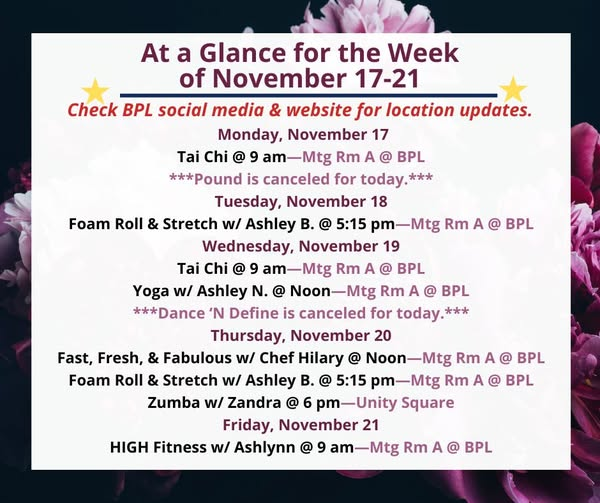 bvillelibrary's tweet image. Health, Fitness, &amp;amp; Wellness At a Glance for the Week of November 17-21
Check BPL social media &amp;amp; website for any location changes due to weather. All classes are free and open to the public.
#BPLibraryLife #freeclasses #taïchi #foamroll #yoga #healthycookingclass #zumba