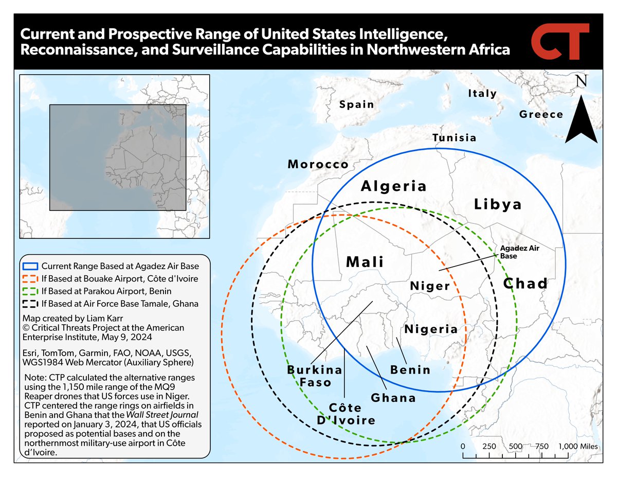 liam_karr's tweet image. Back when US forces were kicked out of Niger, I published this map showing what the loss of ISR would look like.

As far as I can tell, none of the alternative bases on the map panned out, with the US sourcing drones from bases in Djibouti or southern Europe for West Africa ops.