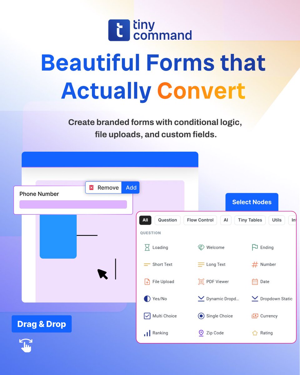 RocketHub's tweet image. 🚀 Build forms that actually drive results.
With TinyCommand, you can design beautiful, branded forms using drag-and-drop, AI logic, and smart fields — no code required.

Build smarter forms today — don’t miss the lifetime offer! 📈

#tinycommand #rockethub #automationtools