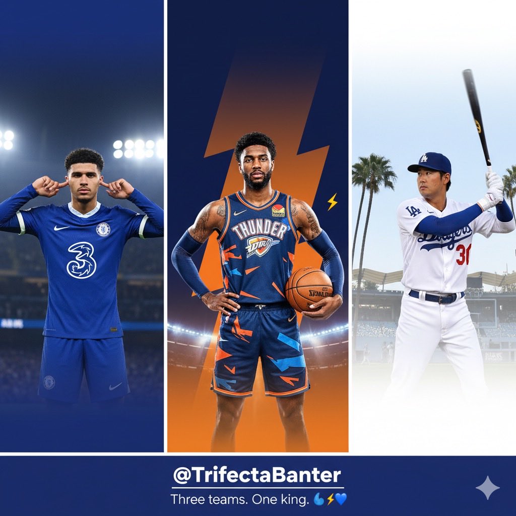TrifectaBanter's tweet image. Welcome to the House of Banter 🔥

Chelsea 💙 | OKC Thunder ⚡ | LA Dodgers 🤍

Three teams. One king.

If Palmer drops 4, Shai drops 50, or Ohtani hits the moon…  
you’re in the right place 😮‍💨🏆

Turn on notifications. We don’t miss.

#TrifectaBanter #CFC #ThunderUp #Dodgers