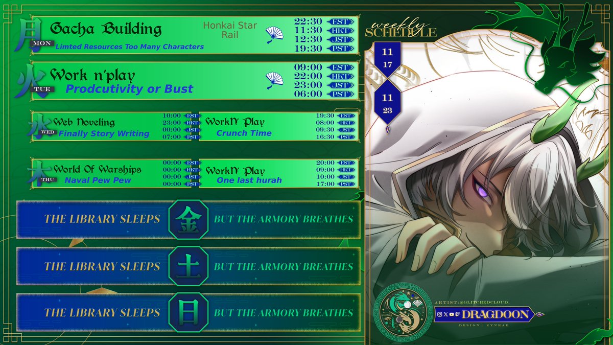 dragdoon's tweet image. Good Morning Friends Schedule is Up RAWAR. 
A lot of co-working streams this week as I&apos;m gone for a con at the end of the week. RAWAR.