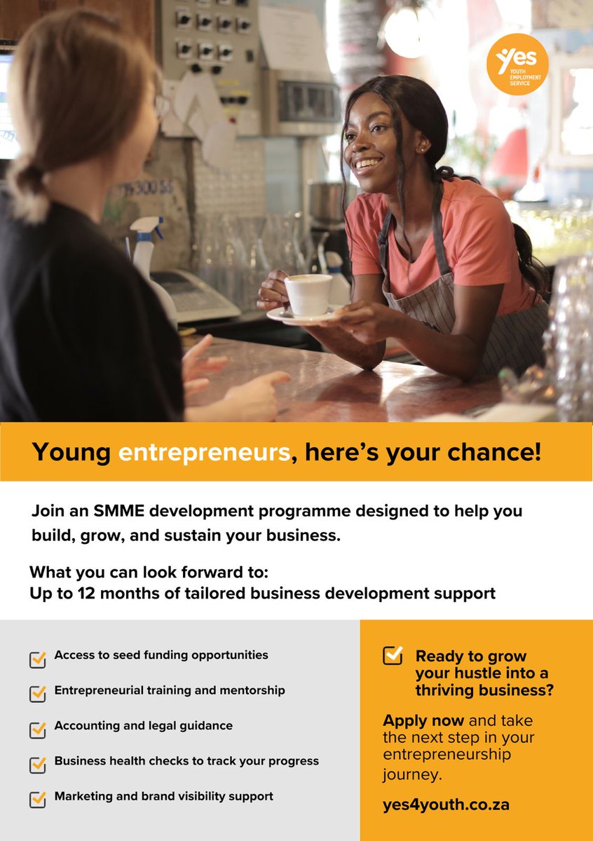 Yes4YouthZA's tweet image. Opportunity Highlight! The YES Entrepreneur Initiative supports youth-led businesses with funding, mentorship &amp;amp; 12 months of development to help founders scale sustainably. Apply before 21 Nov 2025 👉🏾 bit.ly/47yJKPn #Earning2Owning #YouthEntrepreneurship #SMMEDevelopment