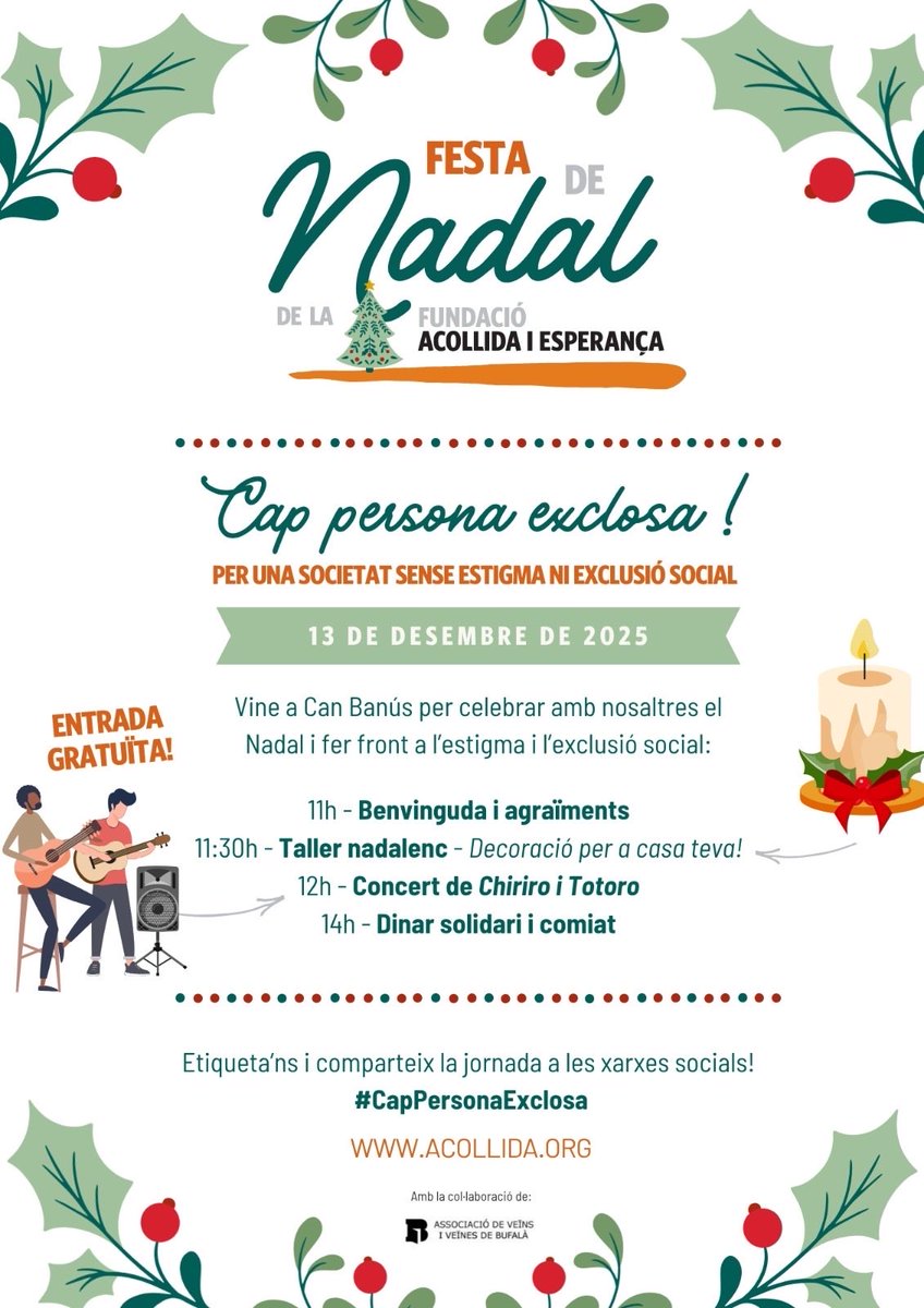 AVVBufala's tweet image. El 13 de desembre a les 11 h. está tot el veinat convidat a la gran festa de Nadal de la @Fund_Acollida
Si t’interessa conèixer l’entorn de Can Banús i el gran projecte que es porta a terme a la masia no et perdis aquesta oportunitat.
L’entrada es gratuita
#CapPersonaExclosa