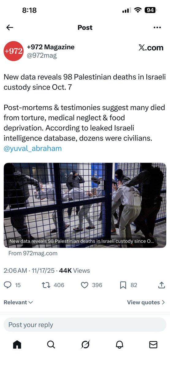 Un prigioniero palestinese ha detto al suo avvocato: «Non venire a trovarmi, mi violentano dopo le tue viste».
L'avvocato conferma che è l'unico cliente che afferma che lo stupro è «l'ultimo dei suoi problemi».
98 ostaggi palestinesi sono morti sotto tortura nelle carceri 🇮🇱