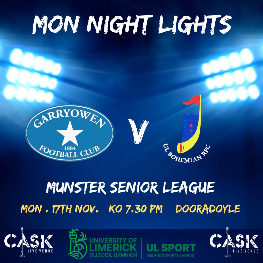 Monday Night Lights!

Our Men’s Seconds take on <a href="/GarryowenFC/">Garryowen FC</a> tonight in the Munster Senior League

KO 7.30 pm Dooradoyle 

All support welcome 🔴🔵