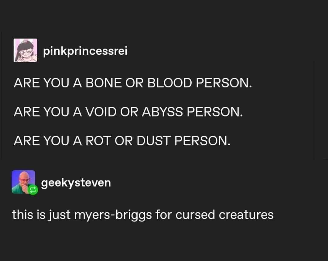 SamRobbWrites's tweet image. &quot;These tests never give me the options I want. I&apos;m more of a warped-flesh &amp;amp; labyrinth type of entity, y&apos;know?&quot;