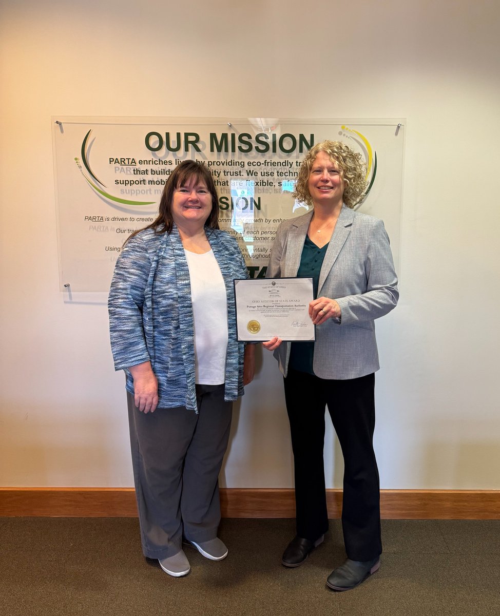 Portage Area Regional Transportation Authority received the Auditor of State Award (AOS East Regional Liaison Dawn Baker, right, with Director of Finance Rebecca Schrader). Congrats! 🏆