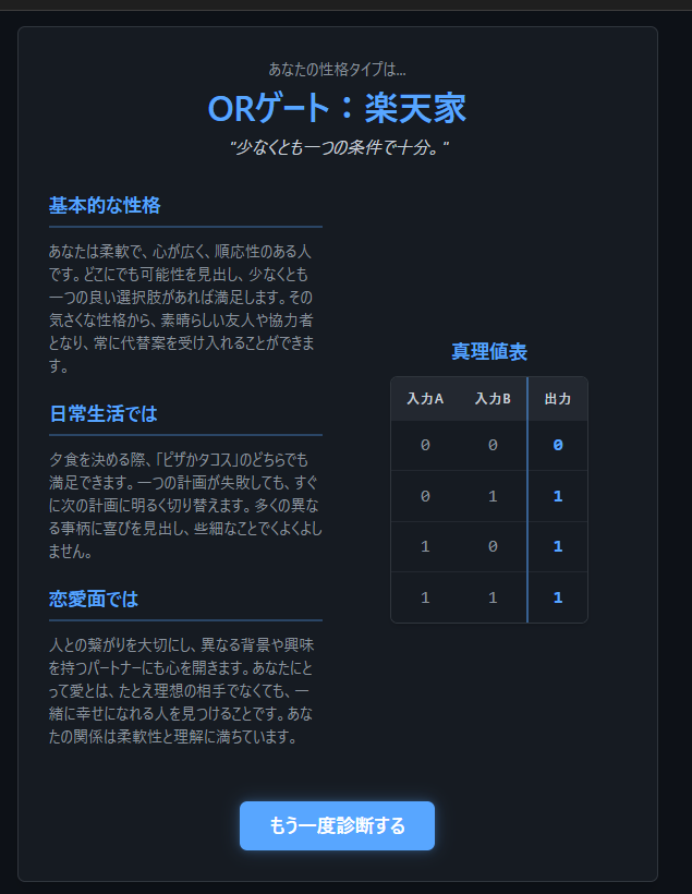 論理ゲート性格診断をジェミに作ってもらいました🥺🫱
私はORゲート：楽天家らしい🥺🫱

よかったらどうぞ☺️👇👇👇
ai.studio/apps/drive/13u…