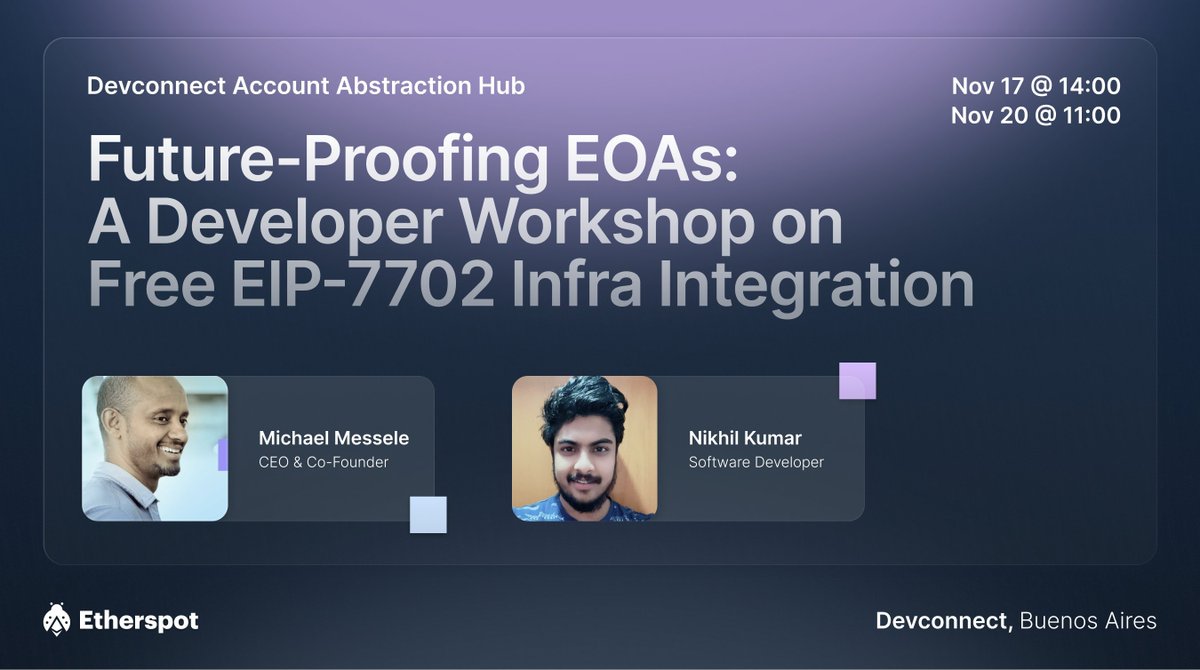 etherspot's tweet image. We are ready for our EIP-7702 workshop @EFDevcon today 🫡

A hands-on session on integrating the free, censorship-resistant EIP-7702 infra and enabling Account Abstraction for EOAs.

📍 Starts 2 PM at the Account Abstraction Hub by the @erc4337 team