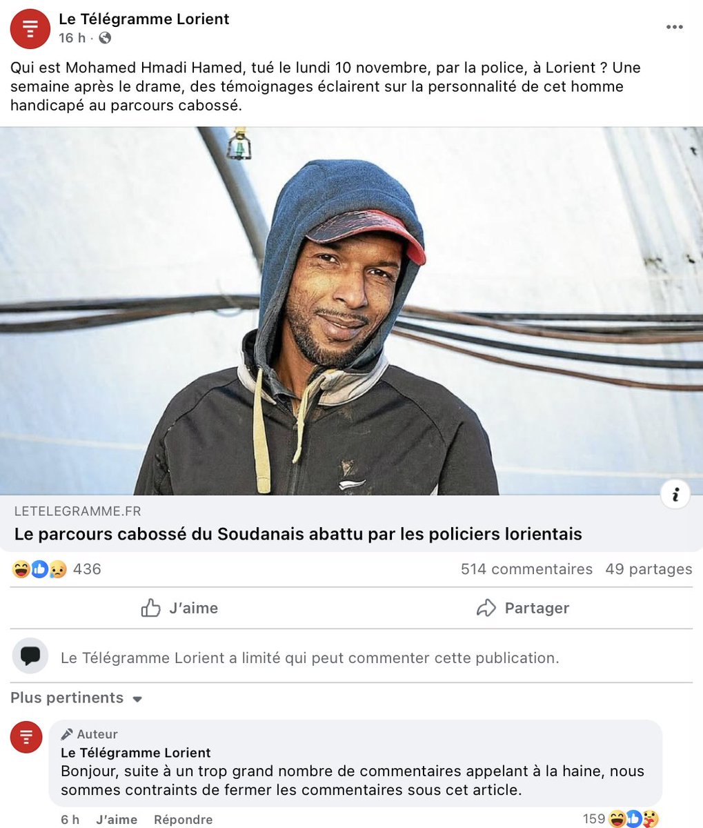 La dérive rédactionnelle du <a href="/LeTelegramme/">Le Télégramme</a> franchit un nouveau cap. Après l'attaque perpétrée à Lorient par Mohammed Hmadi Hamed, un migrant soudanais, le journal a produit un article victimisant l'assaillant. Face aux critiques des lecteurs, le média les a empêché de commenter.