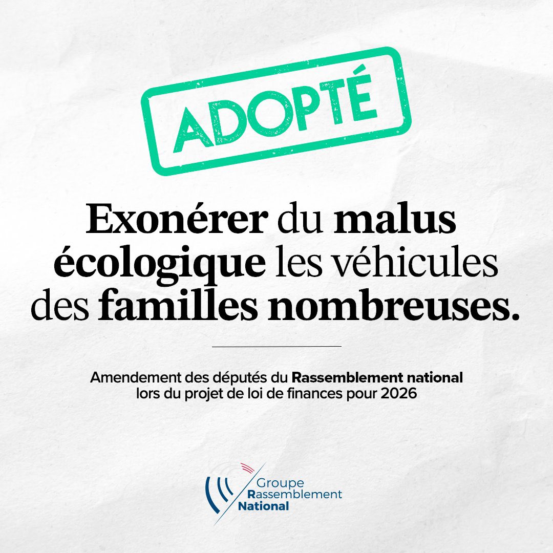 ✅ Une victoire de plus pour le pouvoir d’achat des français ! L’Assemblée nationale a voté l’exonération du malus automobile pour les véhicules des familles nombreuses. #DirectAN