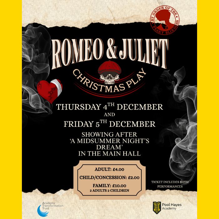 Our Christmas Play Nights take place on the 4th &amp; 5th December. We will be performing two Shakespeare classics, with a twist! A Midsummer Night's Dream in a Christmas setting and a Peaky Blinders version of Romeo and Juliet. Tickets are now available from the drama office 🎭