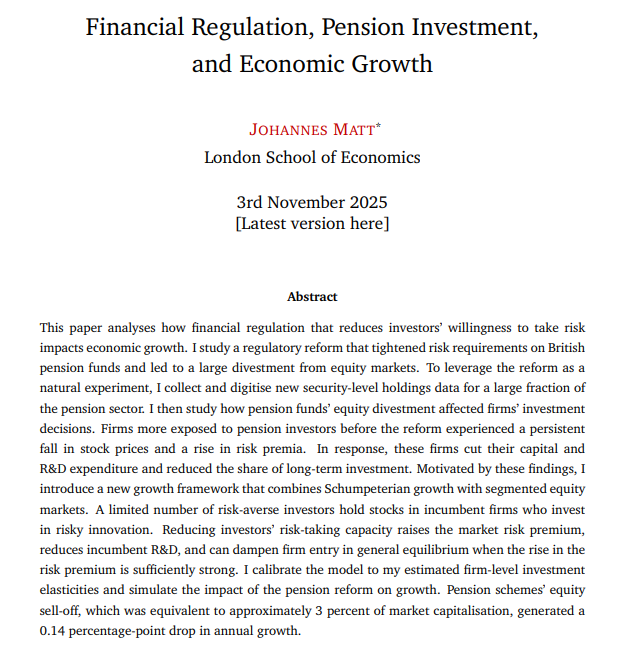 🚨 𝐉𝐨𝐛 𝐌𝐚𝐫𝐤𝐞𝐭 𝐏𝐚𝐩𝐞𝐫 🚨

"Financial Regulation, Pension Investment, and Economic Growth"

I ask: How does regulation that limits risk-taking in the financial sector affect economic growth?

Link: tinyurl.com/46jv63ym (1/16)
