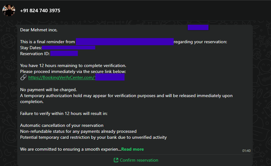 mdisec's tweet image. Some nasty data leak stuff is going on with @VFSGlobal right now. 

I applied for a Schengen visa and as soon as my passport is being send back to VFS office, I received this WhatsApp message :)

Interesting part is that whoever is running this bookingverifycenter[.]com phishing…