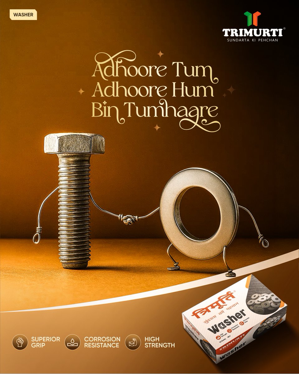 Trimurtiproduc's tweet image. Kuch Jodiyan bas banayi hi jaati hain ek doosre ko complete karne ke liye. Washer ki protection aur bolt ki power jab ek ho jaayein, tab banti hai ek mazboot kahaani.

(TrimurtiProducts Washer TightGrip ConstructionGoals )