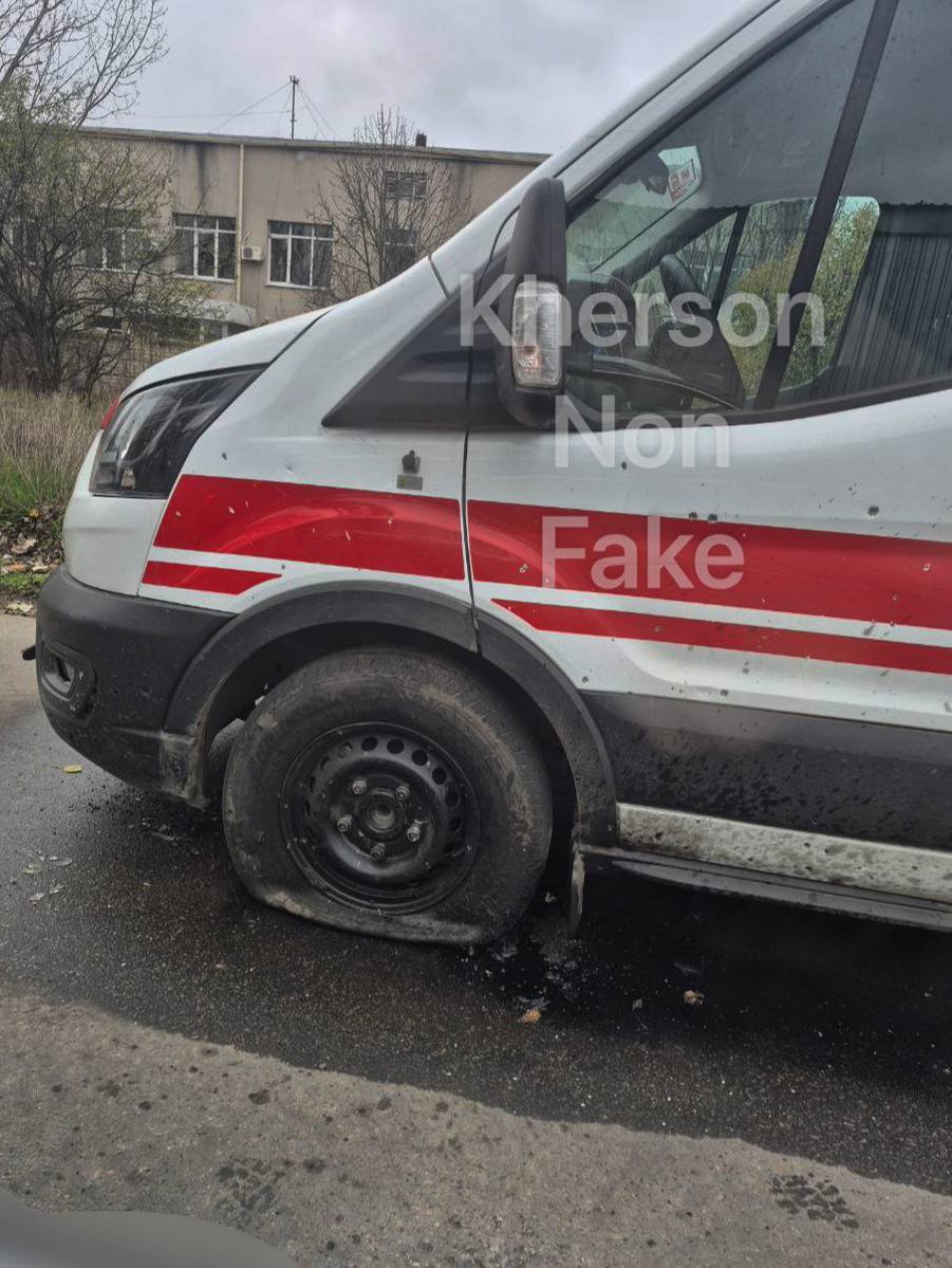 NAFOvoyager's tweet image. The russians continue their daily “human safari” in Kherson.

Tonight, once again, they dropped an explosive from a drone onto an ambulance — a car that exists only to save lives.

Two medics are gravely wounded.

This is not war. This is terror. Senseless, cruel, inhuman.