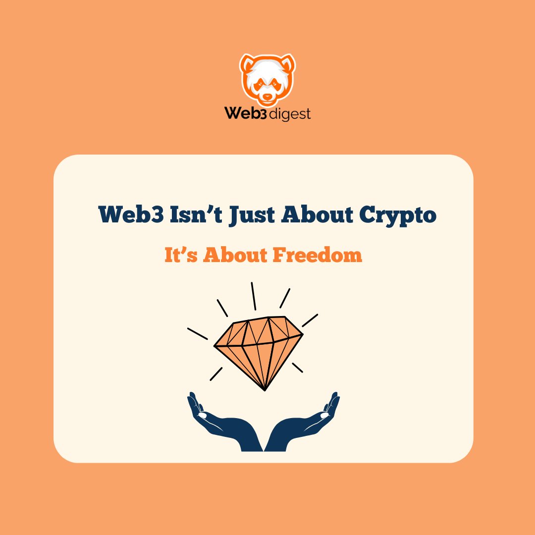 theweb3digest's tweet image. Web3 Isn’t Just About Crypto — It’s About Freedom

When people hear “Web3,” they often think “crypto.”
But it’s bigger than that.

Web3 is about giving you control — over your data, your identity, and your digital assets.

It replaces platforms with protocols, middlemen with…