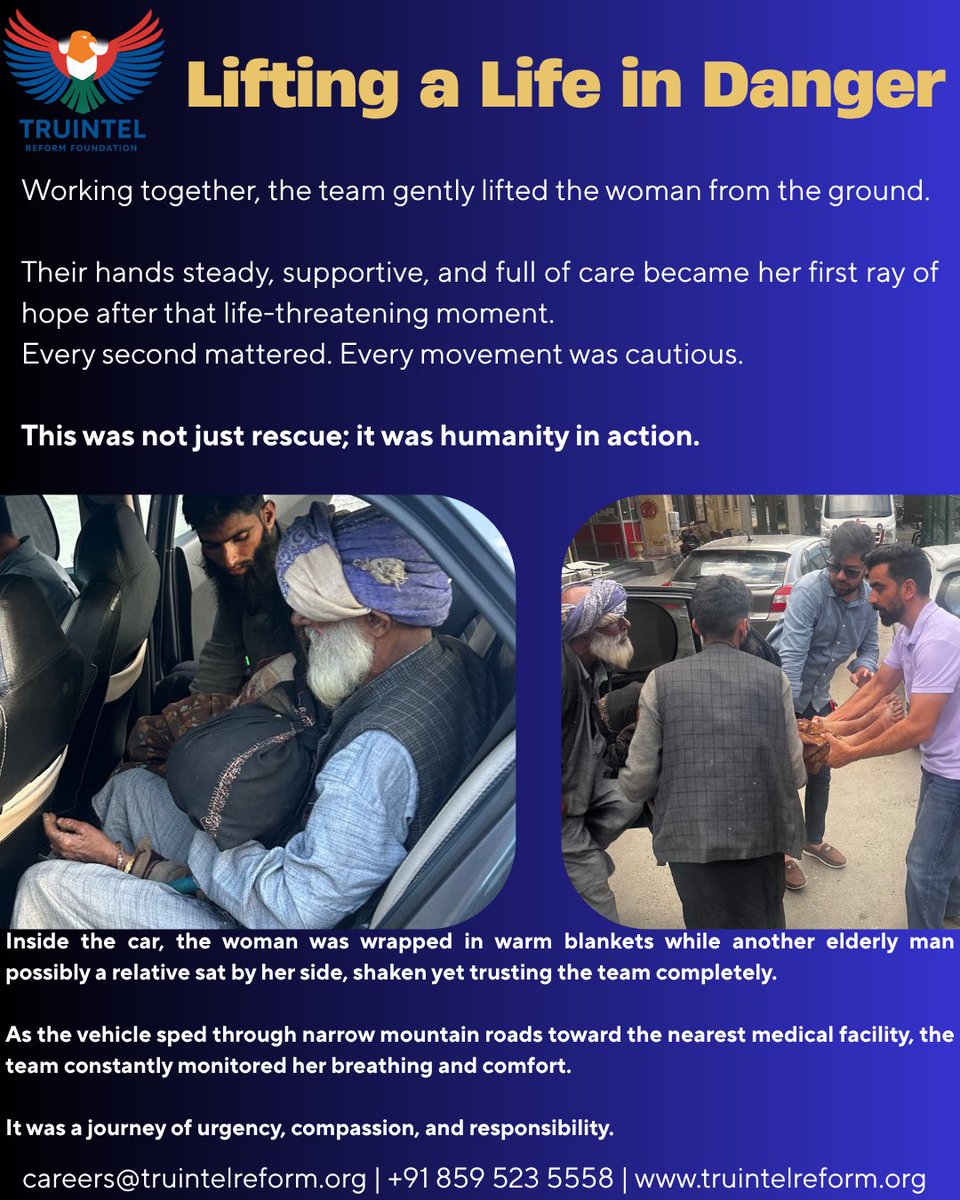 TruIntel_Reform's tweet image. An elderly tribal woman suffered a severe electric shock in a remote area.
@TruIntel_Reform intervened instantly rescuing her, transporting her through mountain roads, and ensuring urgent medical care.

She survived.

Humanity wins. ❤️
#SavingLives #HumanityFirst