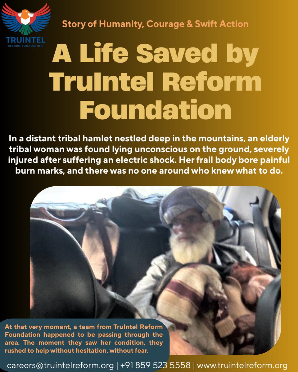 TruIntel_Reform's tweet image. An elderly tribal woman suffered a severe electric shock in a remote area.
@TruIntel_Reform intervened instantly rescuing her, transporting her through mountain roads, and ensuring urgent medical care.

She survived.

Humanity wins. ❤️
#SavingLives #HumanityFirst