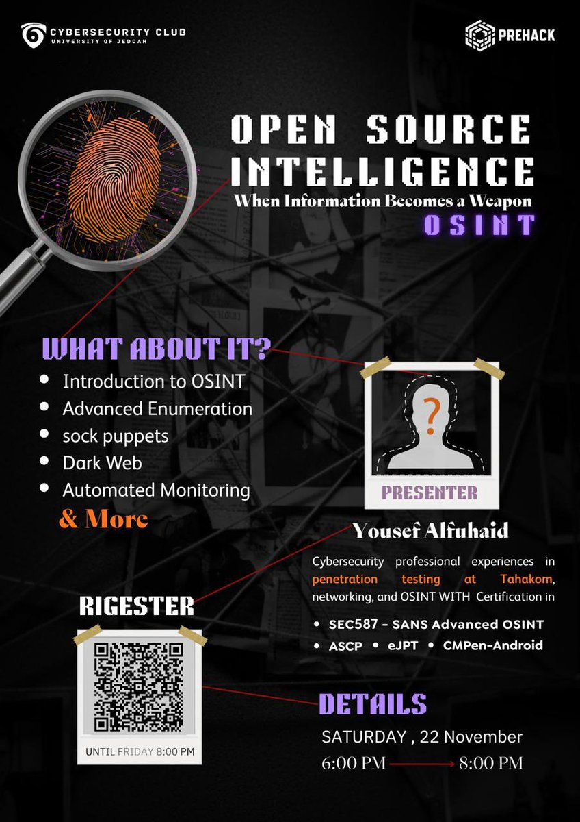 Pre_Hack1's tweet image. وش يقدر يعرف عنك… شخص ما تعرفه؟
أكثر مما تتخيل وهنا تبدأ القصة
⠀
ورشة الاستخبارات في الامن السيبراني Open Source Intelligence 

تقديم: الأستاذ يوسف الفهيد 
مختبر اختراق في شركة تحكم 
⠀
📅 السبت — 22 نوفمبر
⏰ 8:00–6:00 مساءً
🔗 رابط التسجيل

docs.google.com/forms/d/e/1FAI…

#CYCLUB_UJ…