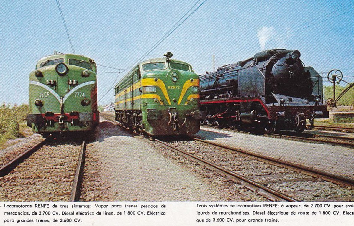 Postal editada por Renfe en 1963 donde aparecen tres diferentes locomotoras de aquel momento.. vapor...diesel y eléctrica. #renfe #locomotoras  #postal #ferrocarril #tren #trenni #train