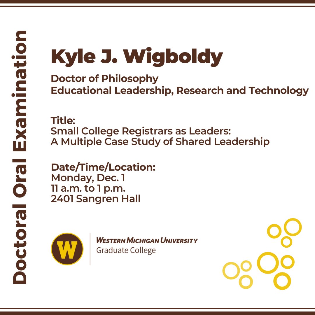 The Graduate College announces a doctoral oral examination:

Candidate: Kyle J. Wigboldy
For the degree of: Doctor of Philosophy
Department: Educational Leadership, Research and Technology
Title: Small College Registrars as Leaders: A Multiple Case Study of Shared Leadership