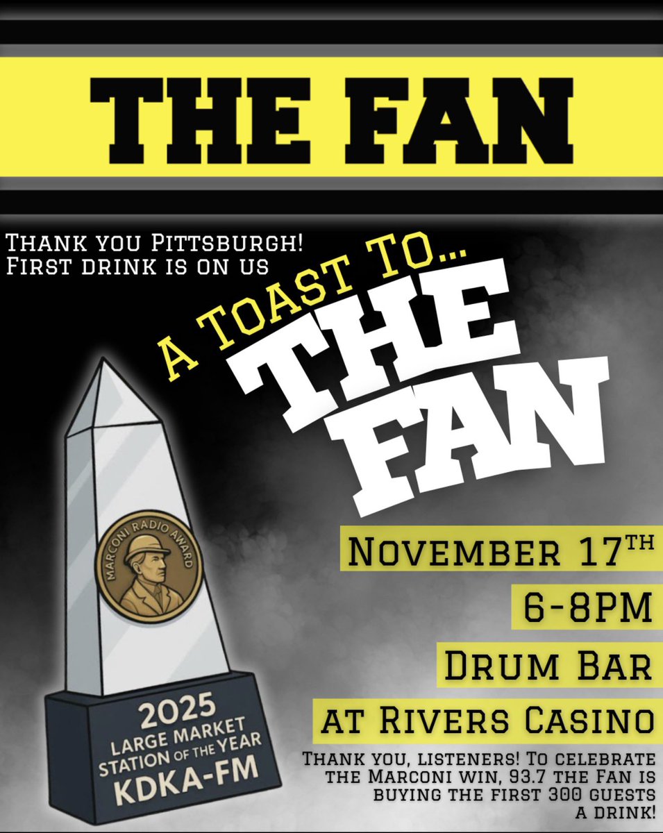 Pittsburgh, this one’s for YOU 🖤💛 Join us at the Drum Bar as we celebrate our Marconi win 🏆 First 300 guests get a drink on us 🍺🎉