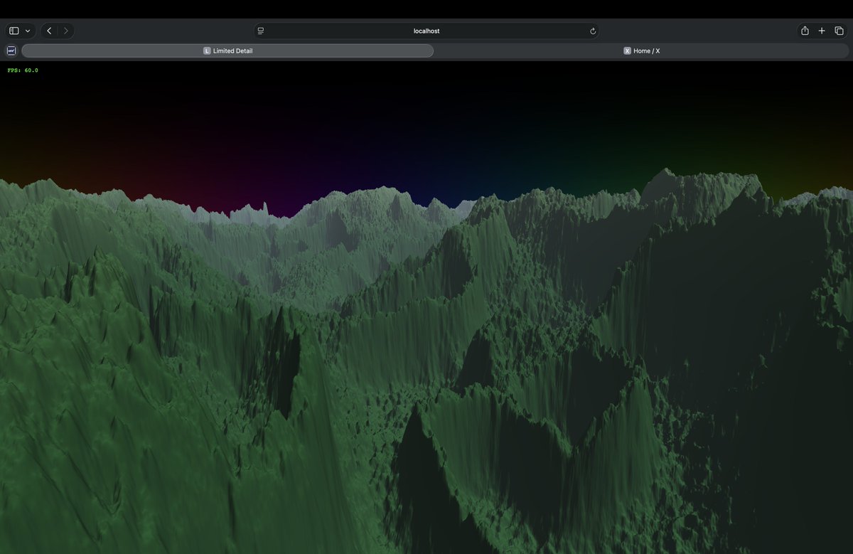 SebAaltonen's tweet photo. Hobby project 1st day:
- Took my old one day WebGPU terrain renderer
- Refactored it heavily to make it more usable. 
- Spent half a day debugging why it's not rendering in Safari.

Safari seems to skip WebGPU rendering if draw calls have more than 1024*1024*1000 triangles :( https://t.co/iY4vFIkPSs