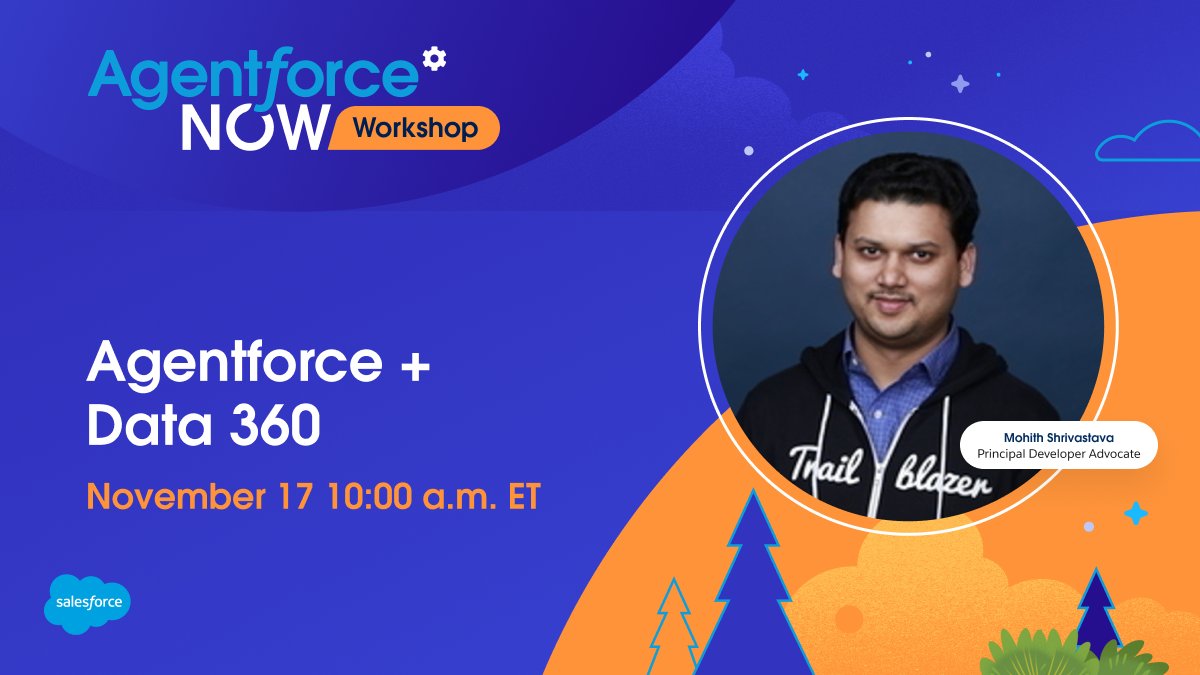 SalesforceDevs's tweet image. ⏰ Join us in 1 hour for the free Agentforce NOW Data 360 Workshop with @msrivastav13.

🔓 Unlock the power of Data 360 and Agentforce and learn how to connect, harmonize, and activate data from @Salesforce, AWS, and other systems.

 📅 See you today at 10 a.m. ET:…