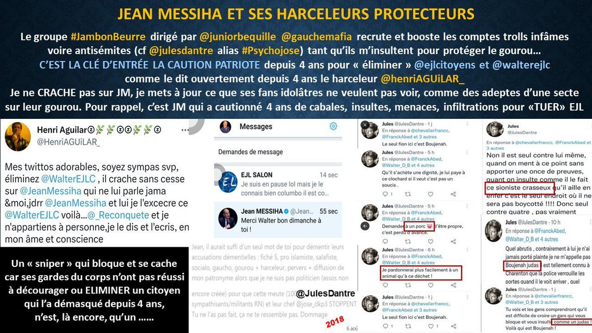Walter_Boujenah's tweet photo. https://t.co/tjaF4qej1h
Ca ce n est rien, il y a des taré(e)s haineux partout, le plus infame, ce sont tous ces patrichiottes #messihalopitheques qui lui donnent du credit et des boosts pour m atteindre et me salir...
90% fans de @jeanmessiha et PERSONNE n ose en tirer la conclusion sur ce qu est ce camelot ? L idolatrie est aveuglante et enleve toute MORALE...